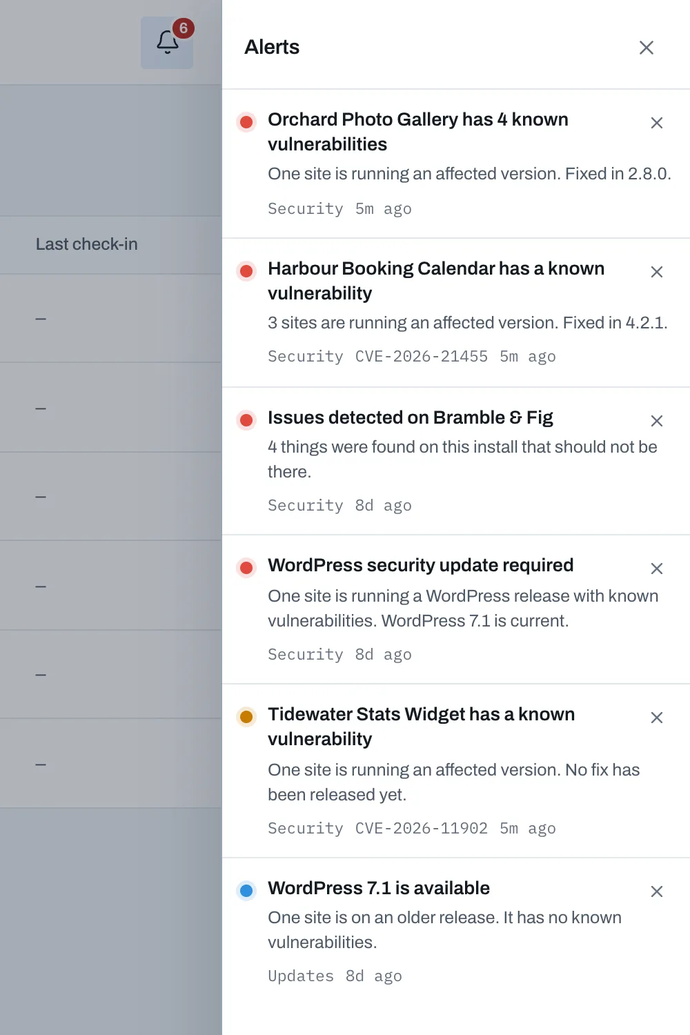 The SiteRack alerts tray listing plugin vulnerability alerts with the affected site counts and the versions that fix them.