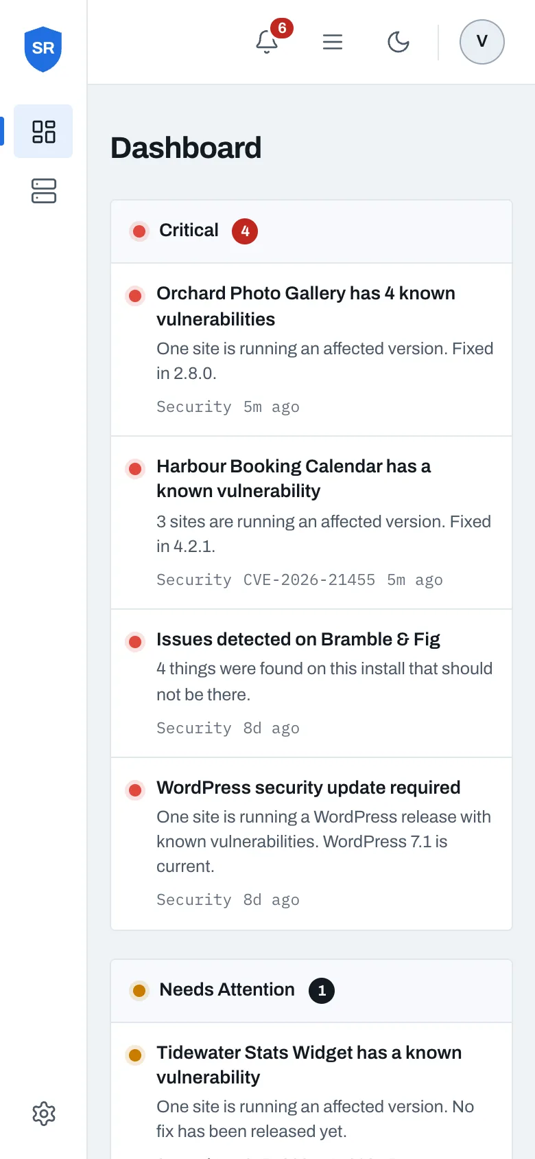 The SiteRack dashboard on a phone: the attention queue of alerts across six connected WordPress sites.