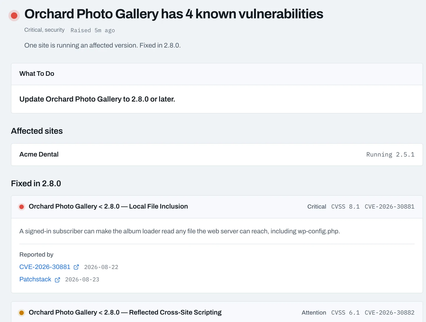 A SiteRack alert page for a plugin with known vulnerabilities, listing each advisory with its score and citations and the sites affected.