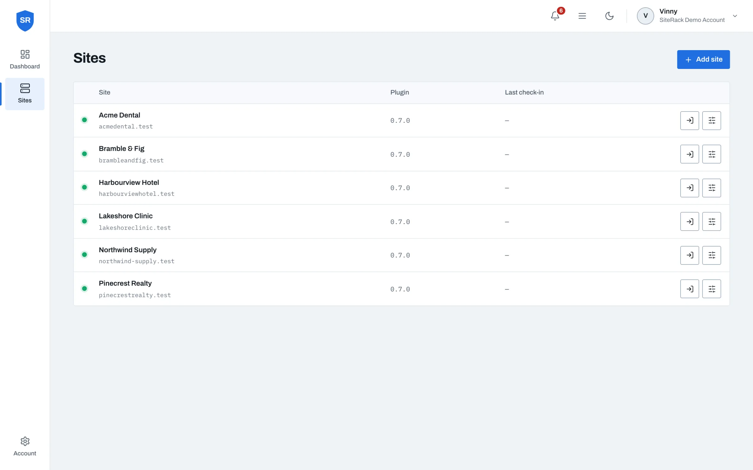 The SiteRack Sites screen listing six connected WordPress sites with their status LEDs.